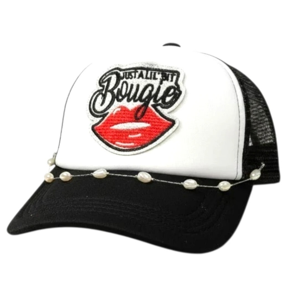 Just A Little Bit Bougie Trucker Hat | Pearl Chain Embroidered Glam Brim Hat
